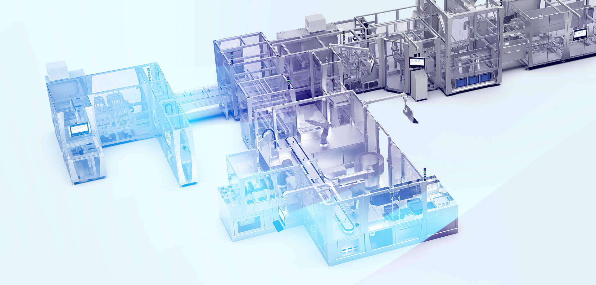 Rendering of a complete packaging line with several linked machines, robot cell and conveyors