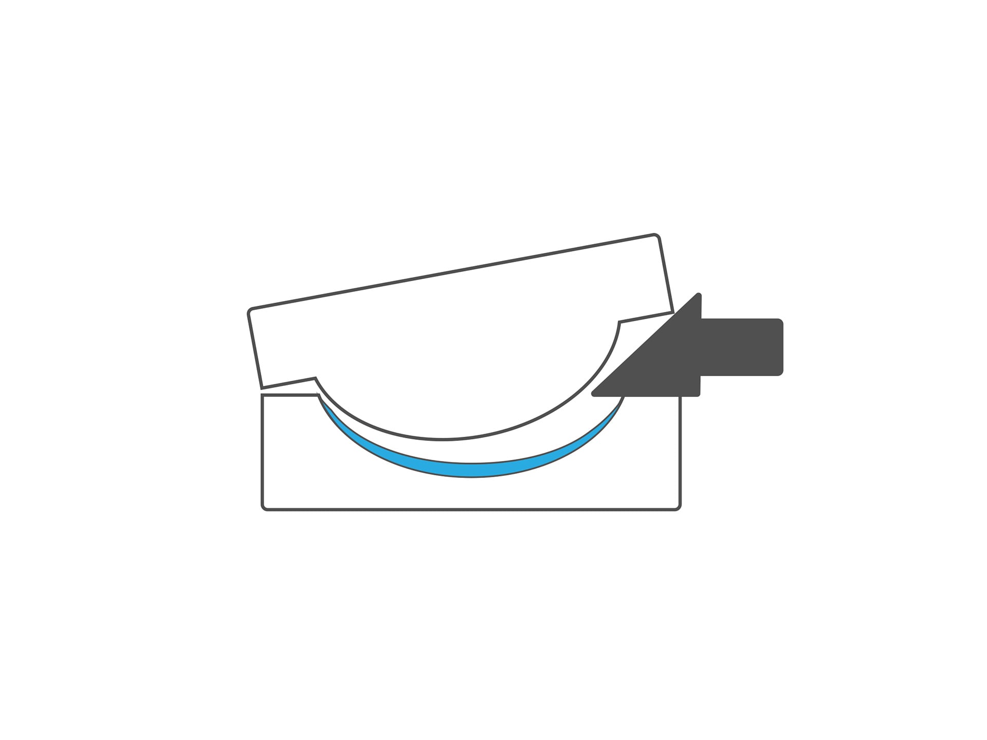 Diagram of a mould being opened at an angle, an arrow pushing against it, lens still inside