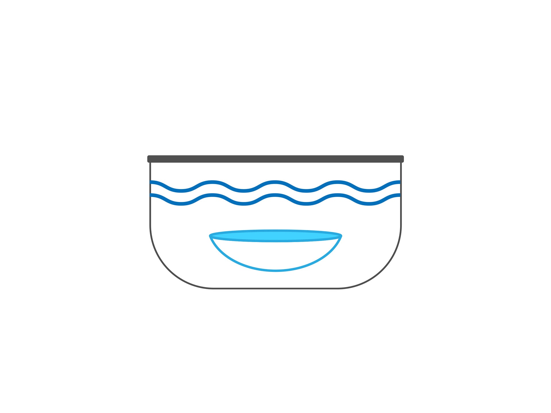 Diagram of a lens lying in a container of liquid, wavy lines marking the water level