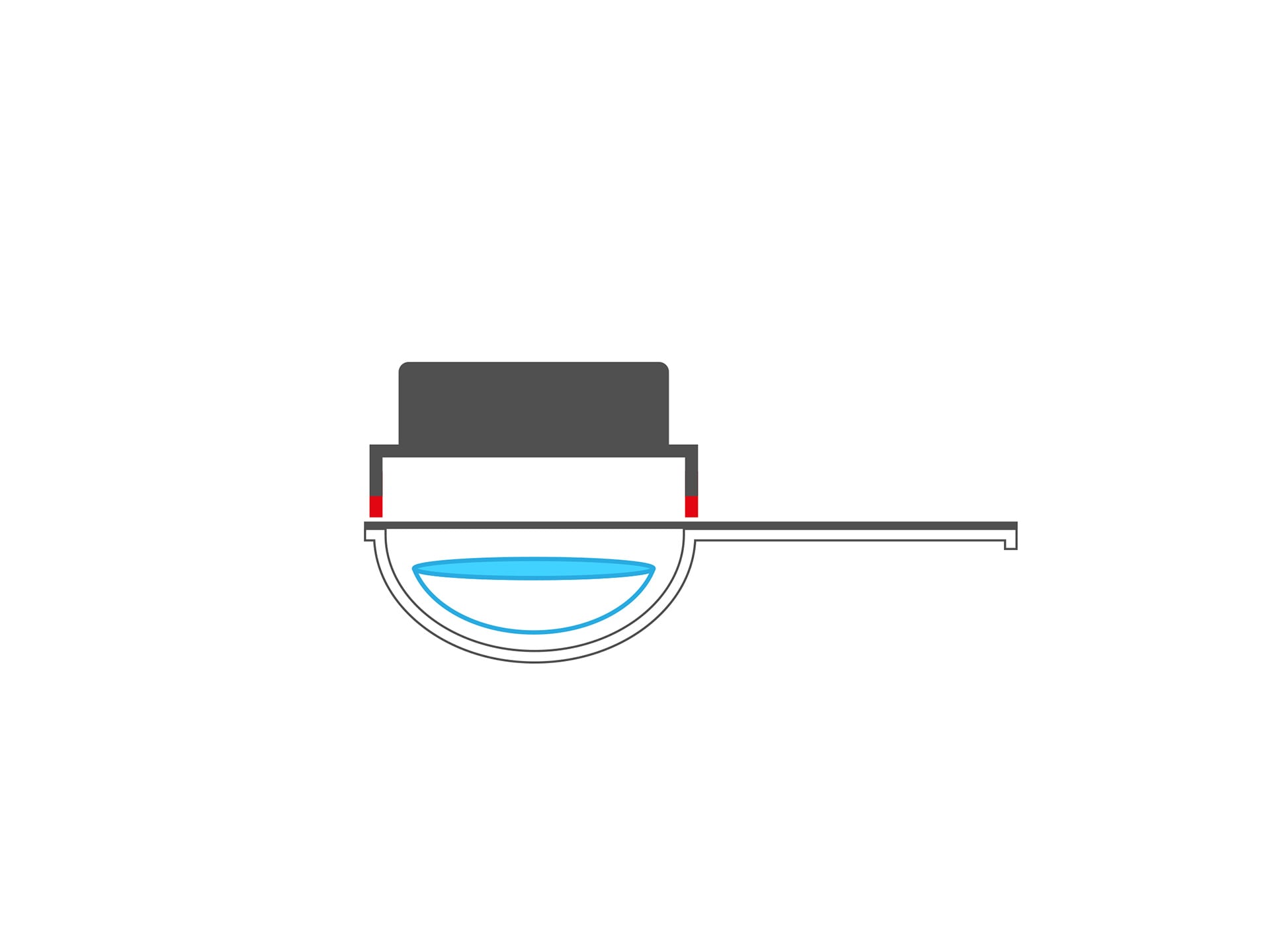 Diagram of a sealing tool pressing onto a blister holding a lens, foil web running to the right