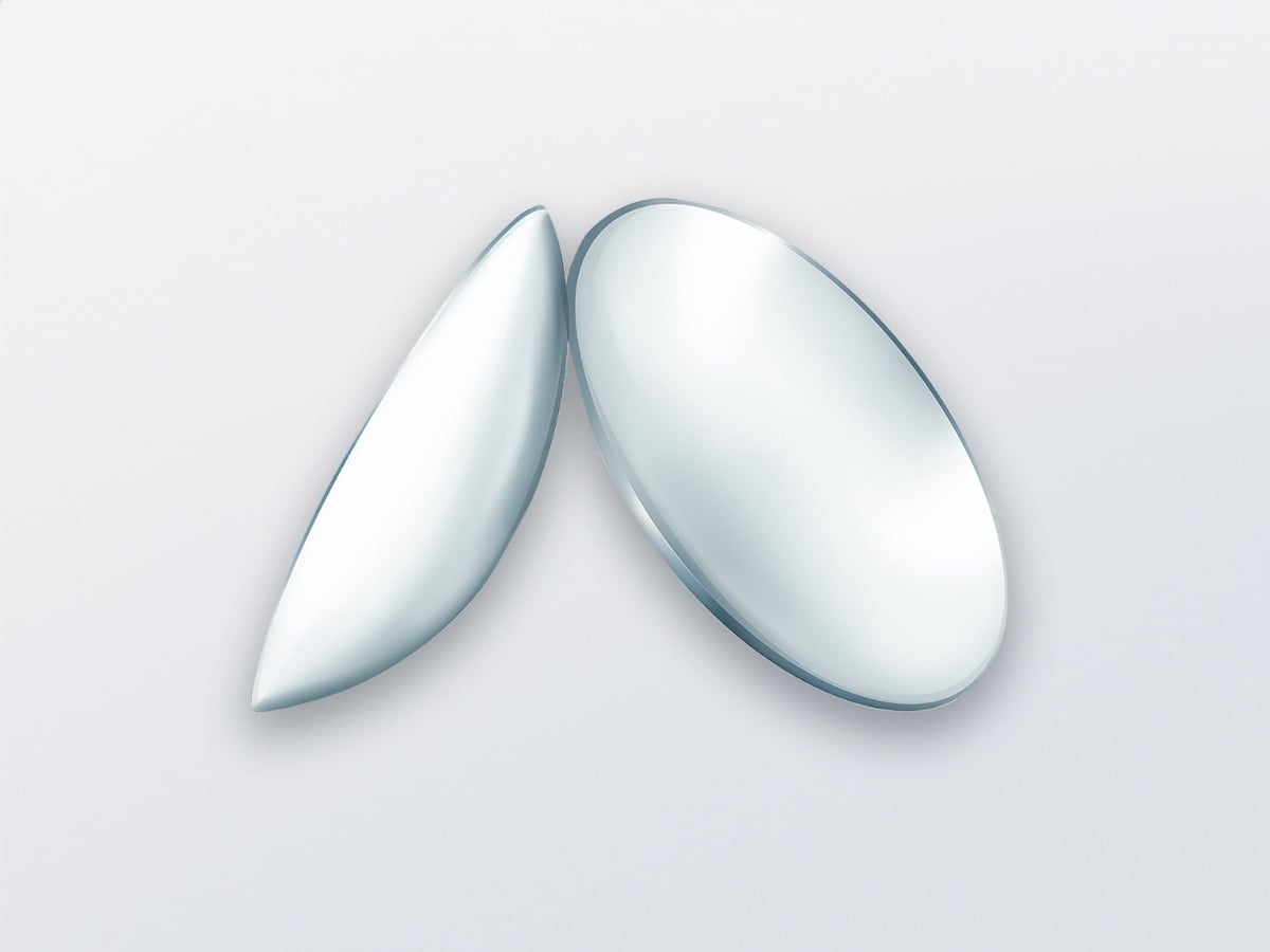 Two rigid contact lenses standing on edge and leaning against each other, in light grey