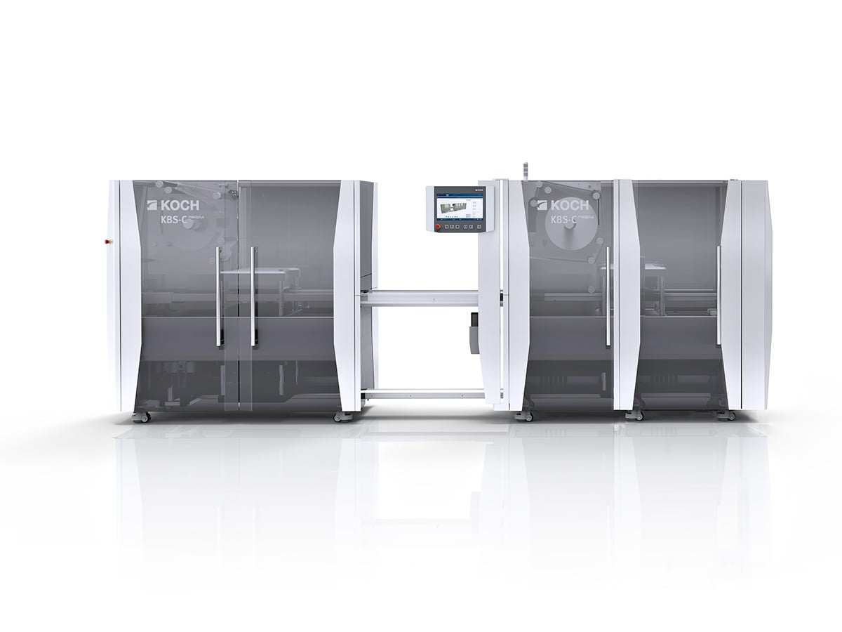 KOCH KBS-C medplus blister machine with glass guarding, touchscreen and film roll, front view