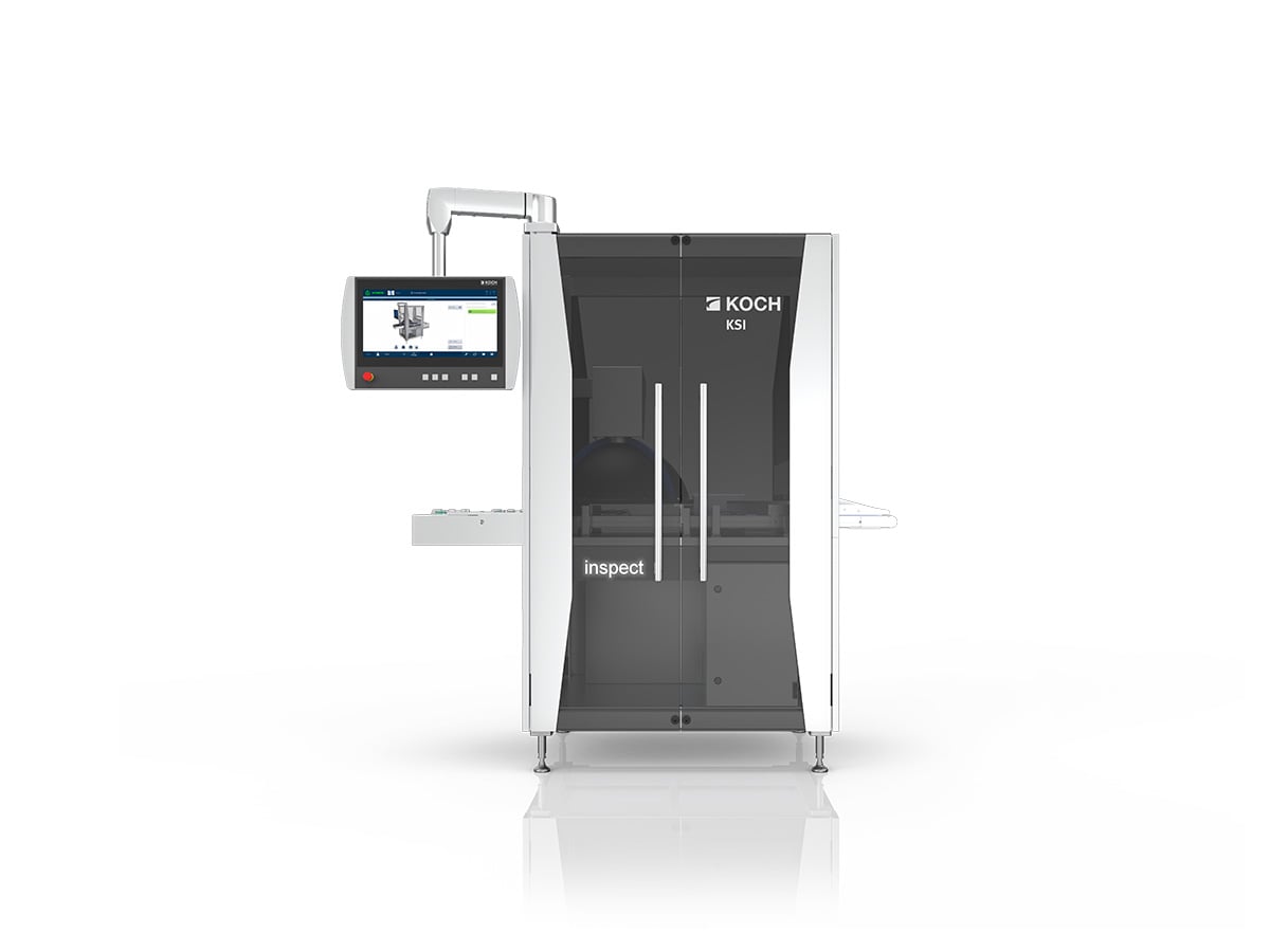 KOCH KSI seal seam inspection module with dark guarding, touchscreen on a swivel arm and inspect label