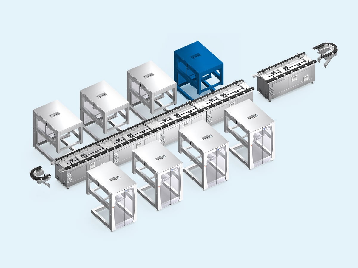 3D rendering of the KMO modular line with the Filling module highlighted in blue (80 Zeichen)