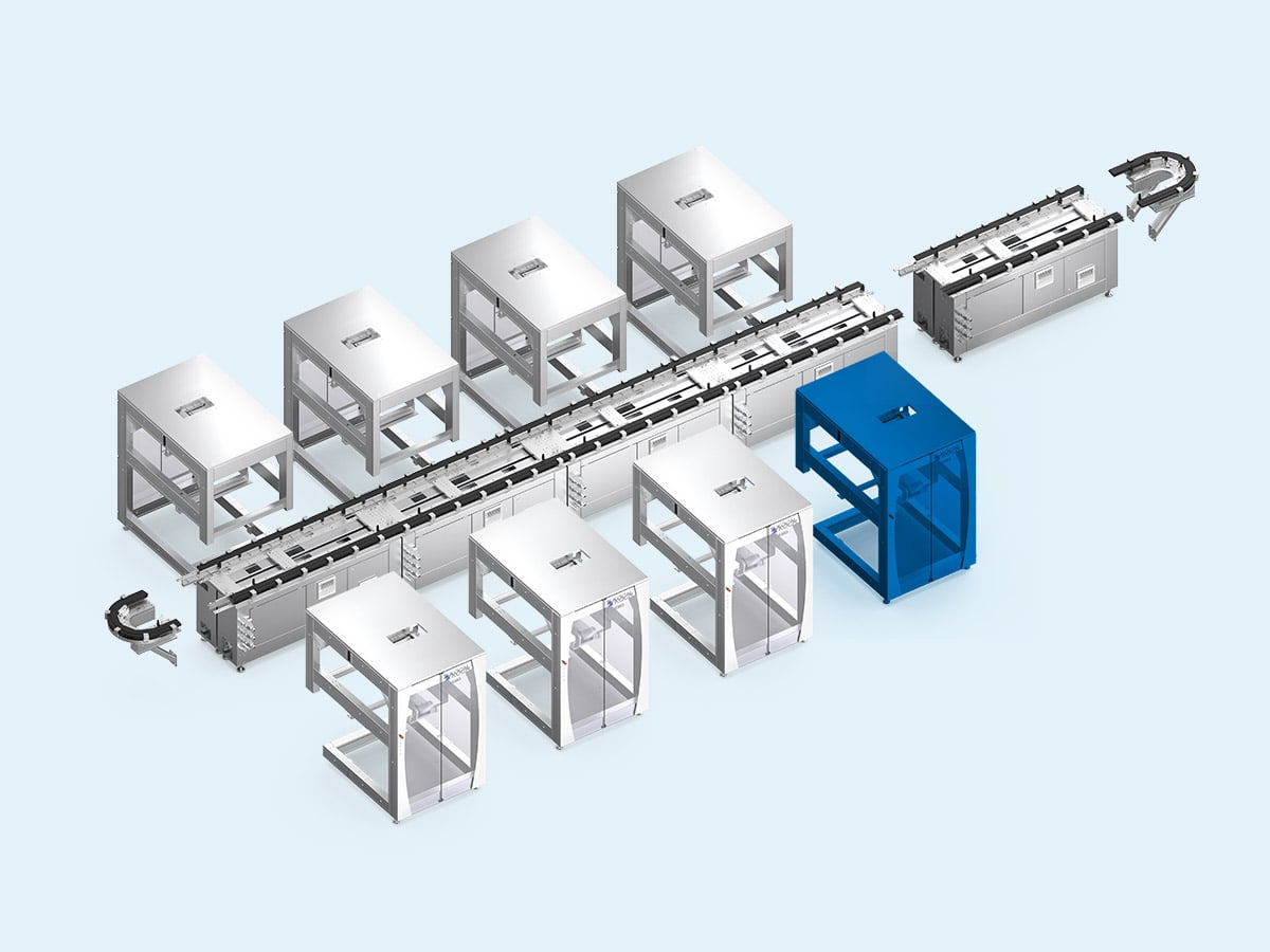 3D rendering of the KMO modular line with the Lid material module highlighted in blue