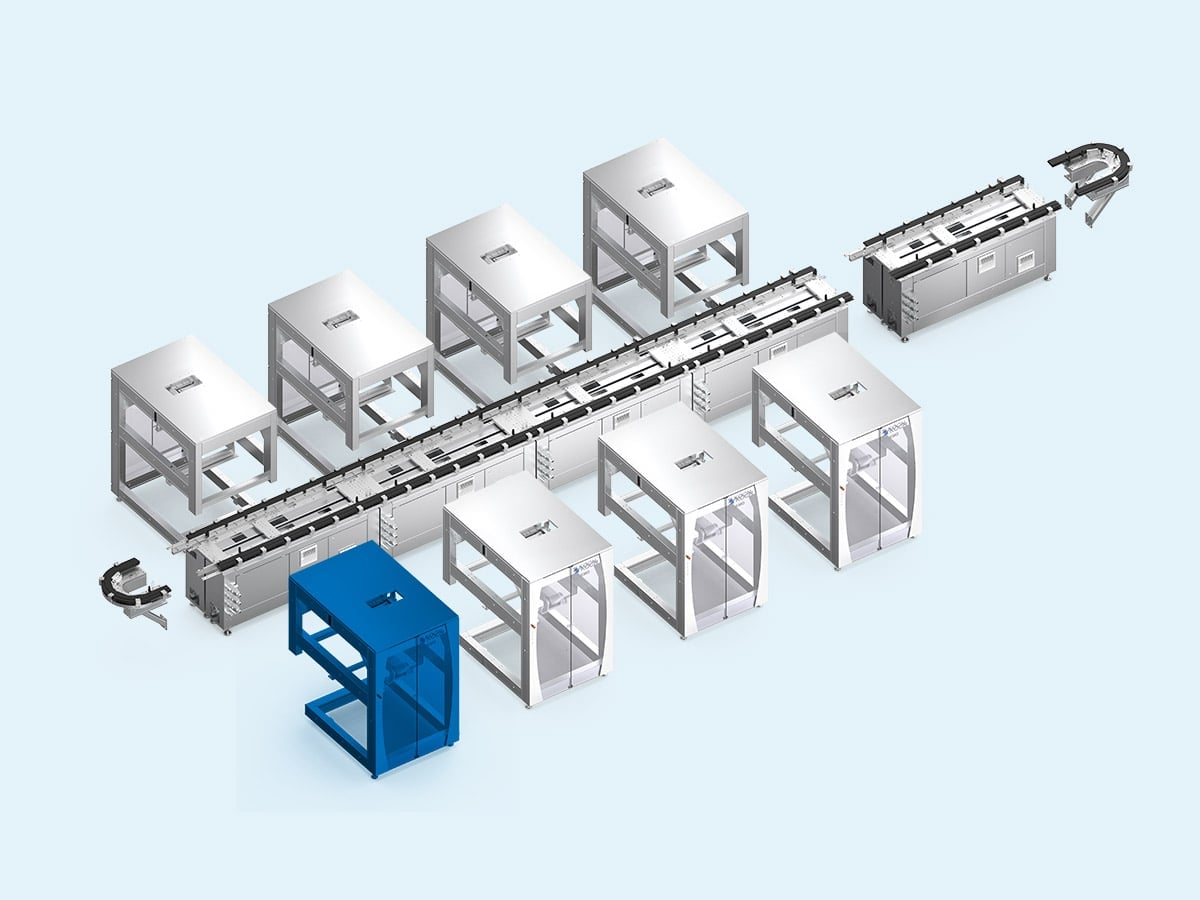 3D rendering of the KMO modular line with the station for downstream processes highlighted in blue