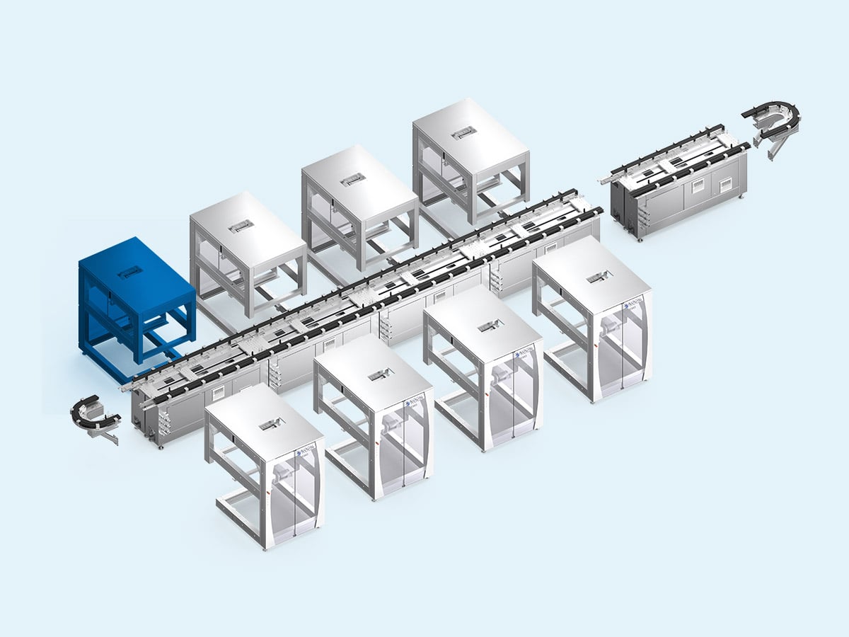 3D rendering of the KMO modular line with the Forming/Erection module highlighted in blue
