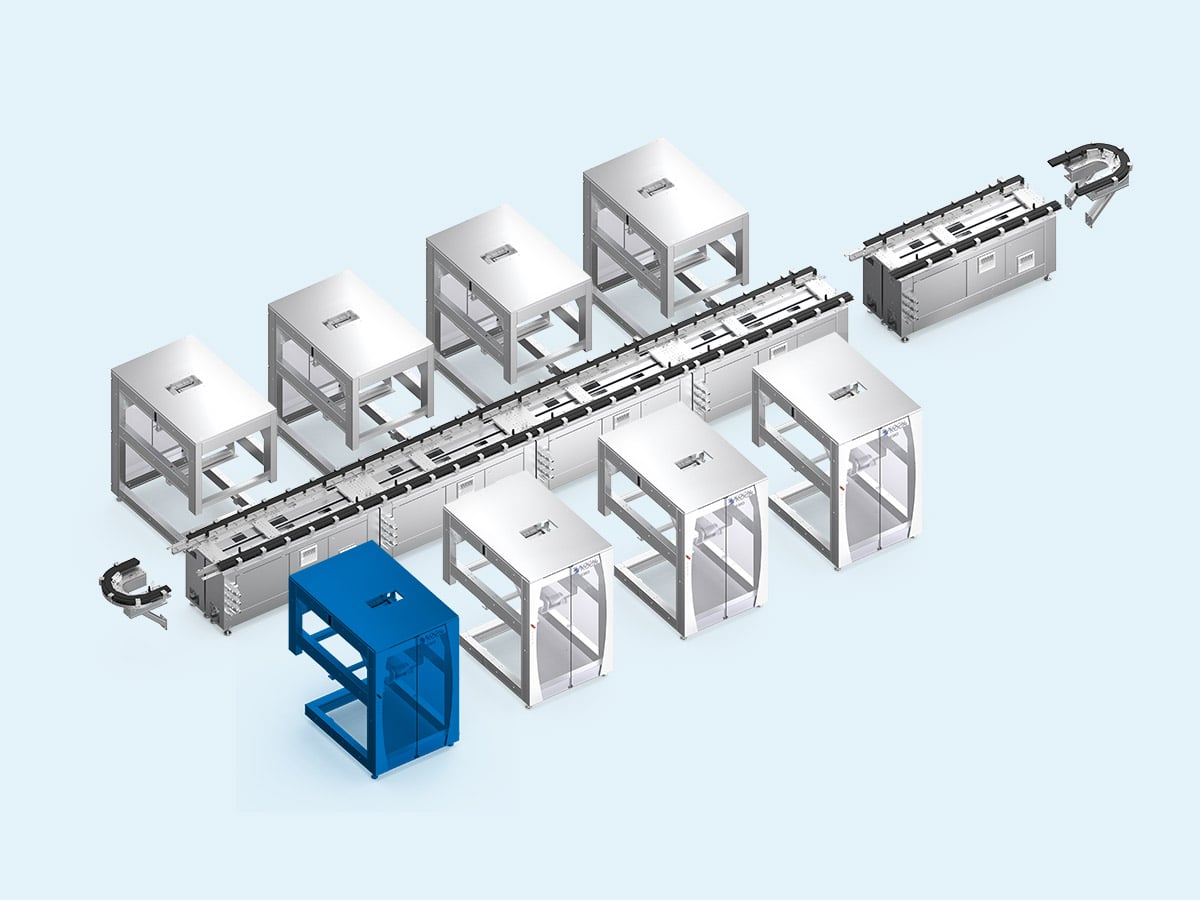 3D rendering of the KMO modular line with the Package unloading module highlighted in blue