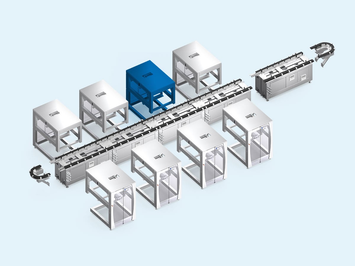 3D rendering of the KMO modular line with the Product assembly module highlighted in blue
