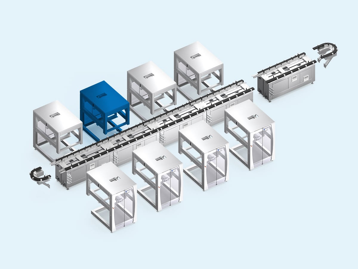 3D rendering of the KMO modular line with the Product feeding module highlighted in blue