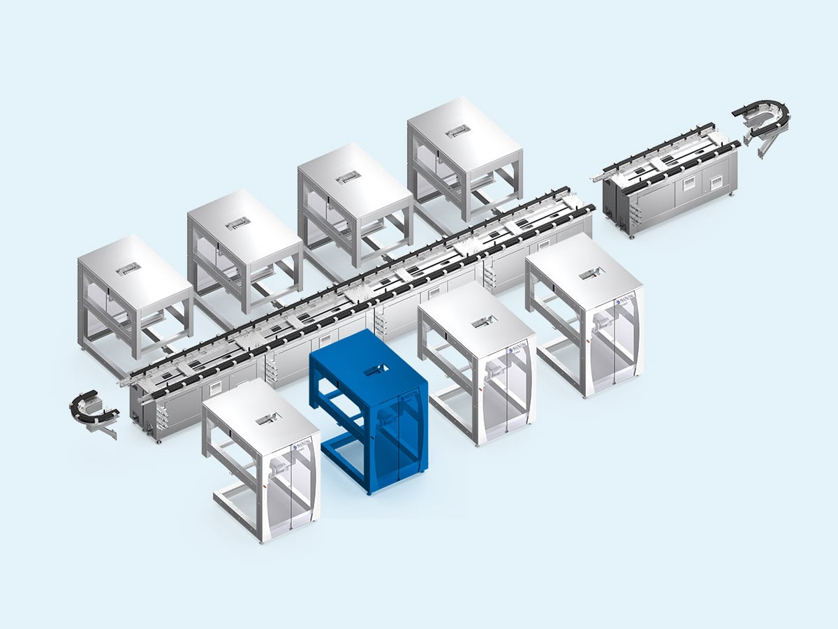 3D rendering of the KMO modular line with the Closing module highlighted in blue