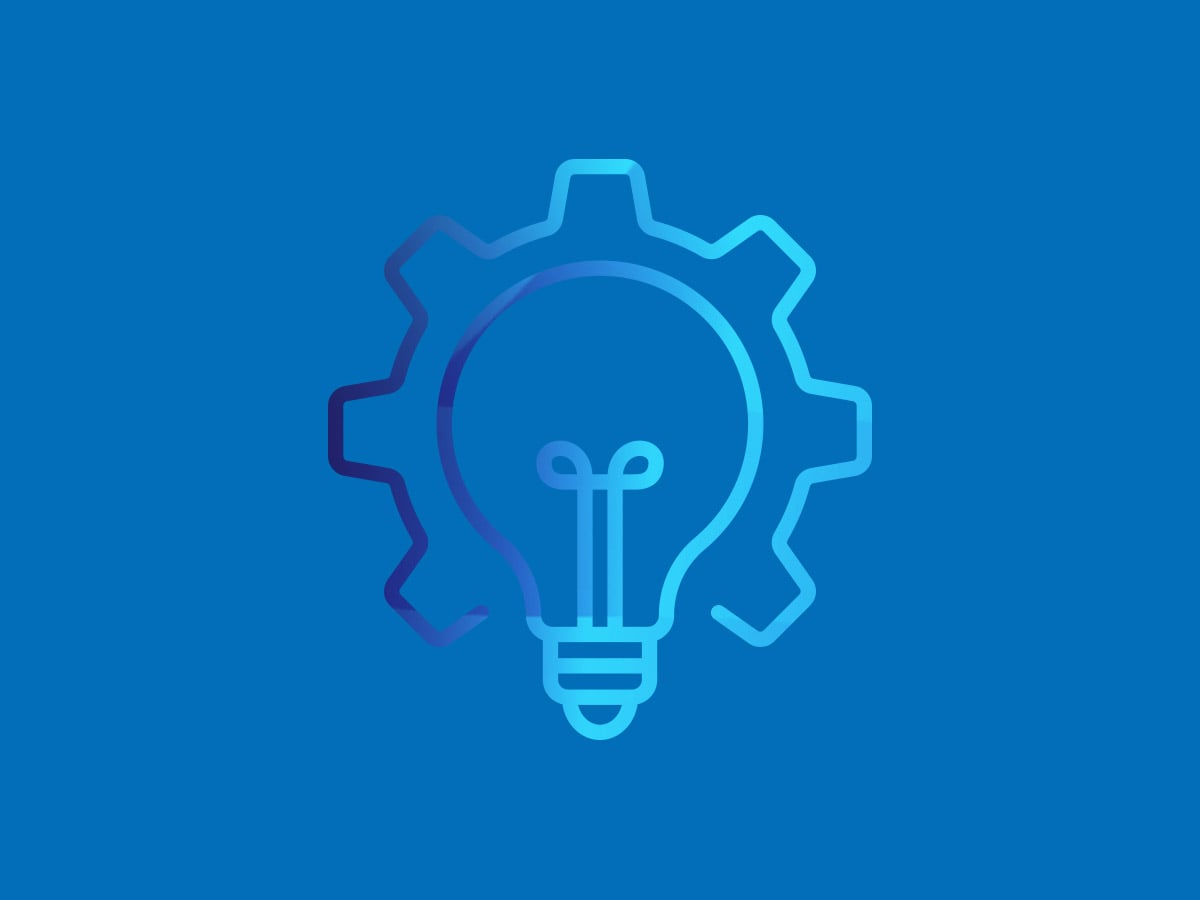 Icon of a light bulb combined with a gear wheel symbolising concept and validation