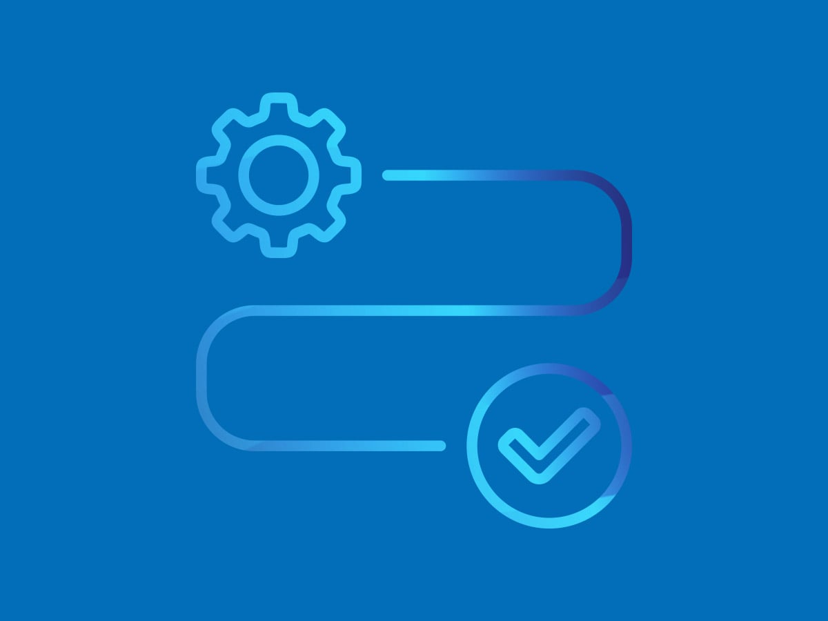 Icon of a gear wheel with a process flow and checkmark symbolising engineering and integration