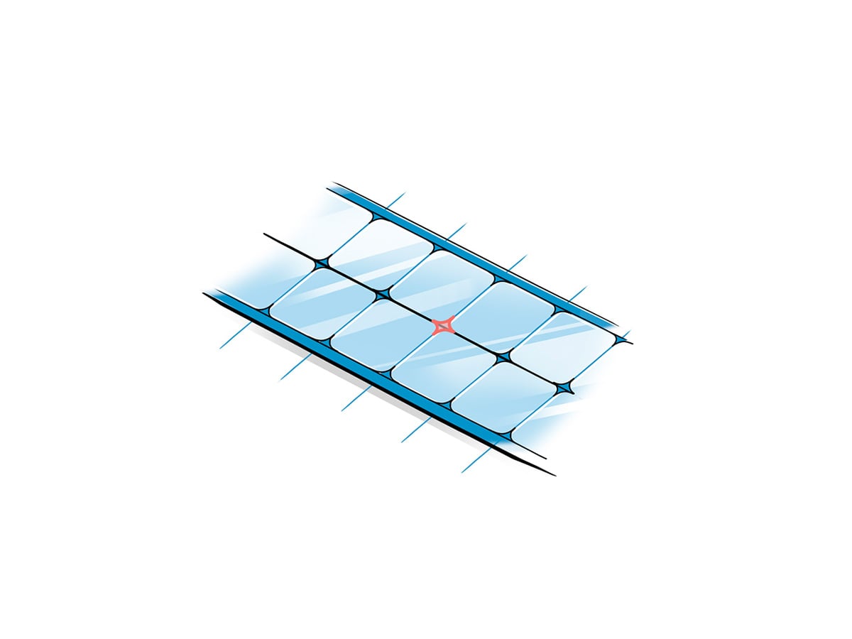 Diagram of a blister grid with rounded cavities and a star-shaped cut mark at the centre intersection