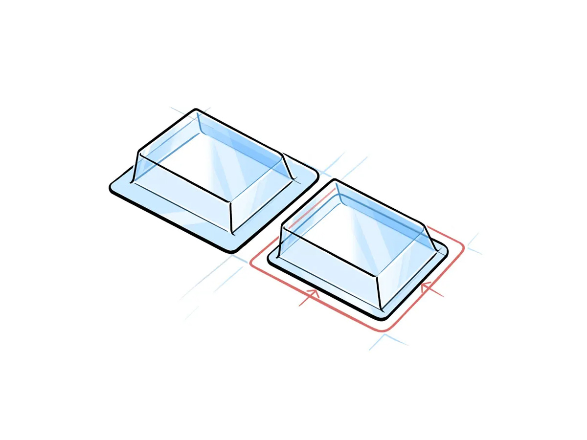 Diagram comparing two blister packs, the right one showing a reduced sealing edge highlighted in red
