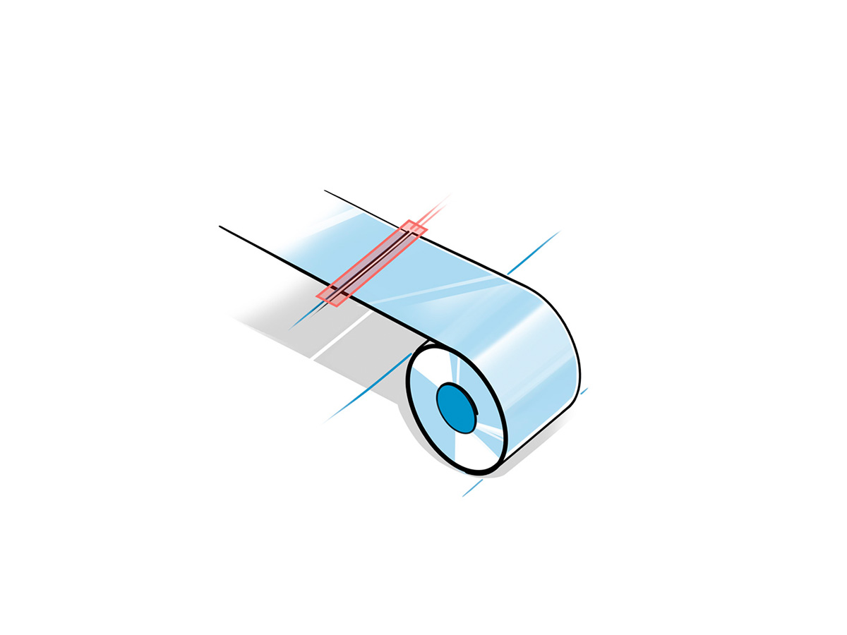 Diagram of a film roll with a red marker indicating a film change point during ongoing production