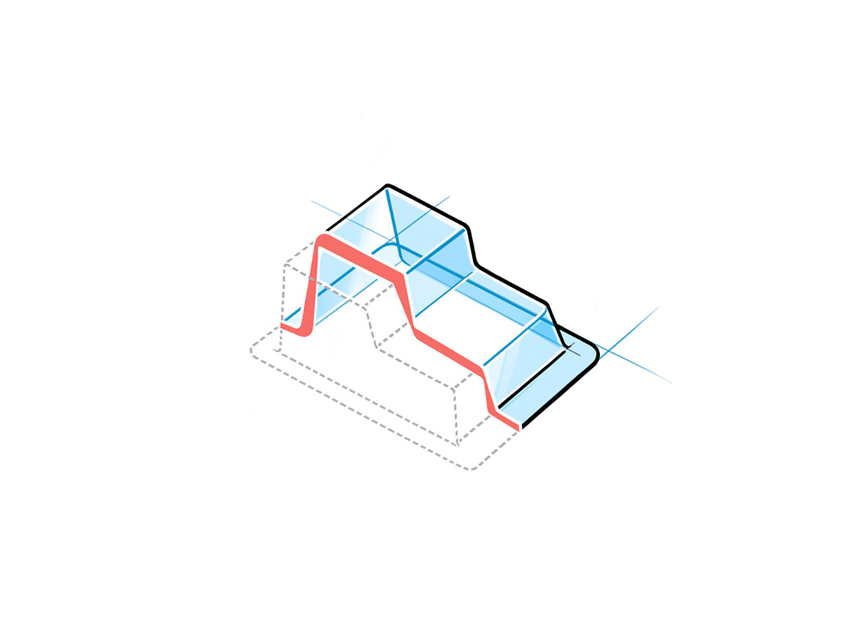 Diagram of a blister cavity showing optimised material distribution in red and blue