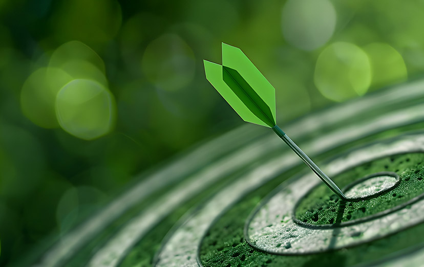 Green dart hitting the centre of a moss-covered dartboard, symbolising precision sustainability targets