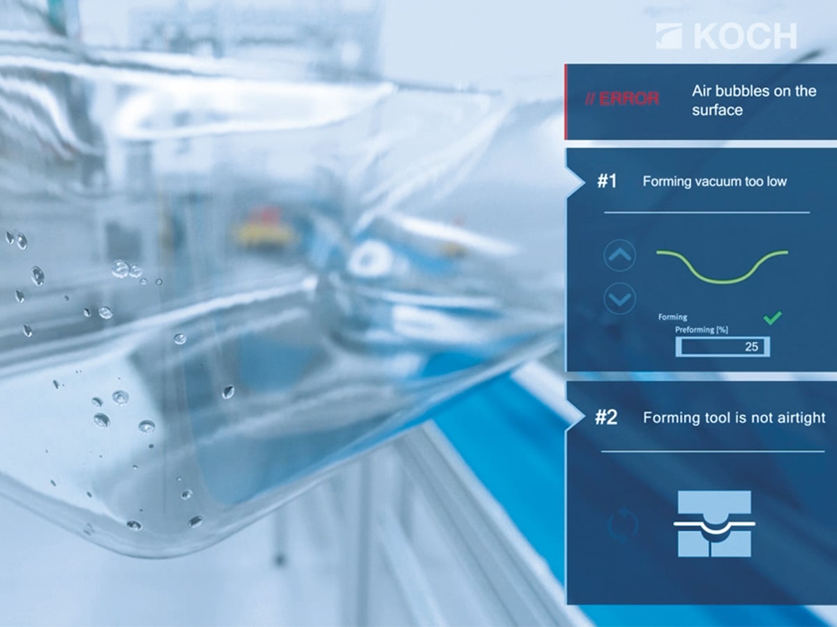 KOCH HMI error screen with two diagnostic steps overlaid on a close-up of a blister forming station
