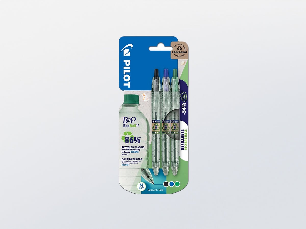 Three refillable PILOT B2P EcoBall ballpoint pens in a recyclable cardboard pack with a window