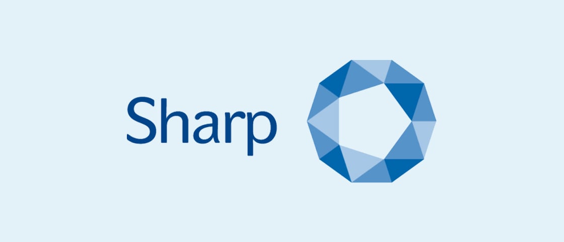 Sharp logo with a faceted blue polygon emblem, customer in this KOCH packaging reference