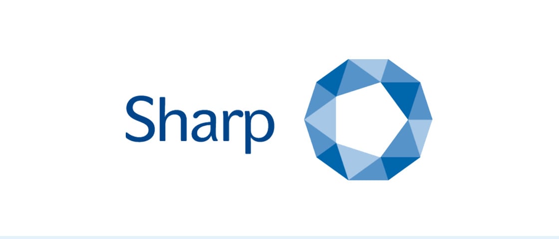 Sharp logo with a faceted blue polygon emblem, customer in this KOCH packaging reference
