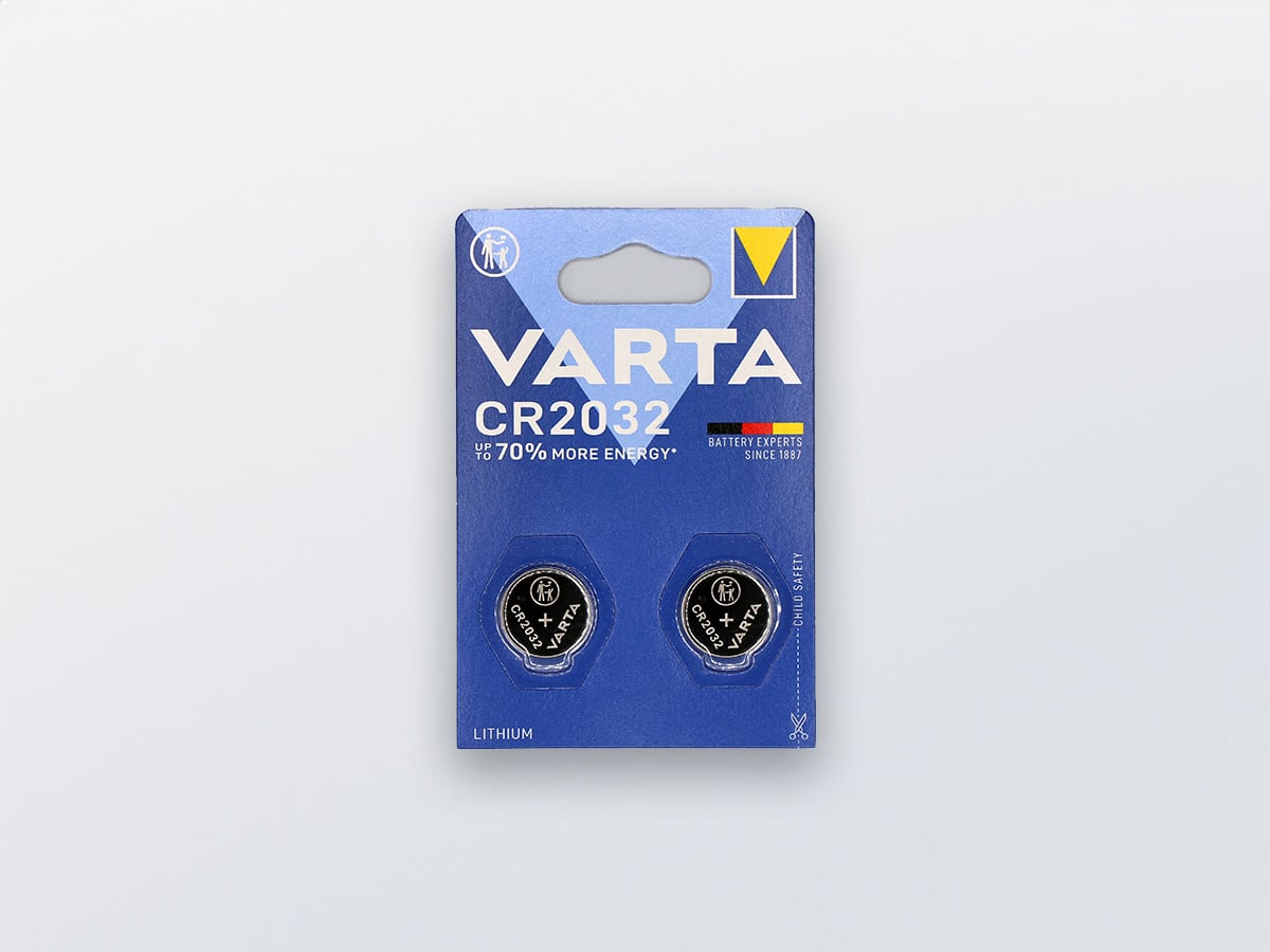 VARTA CR2032 blister pack with two button cells in individual child-safe cavities