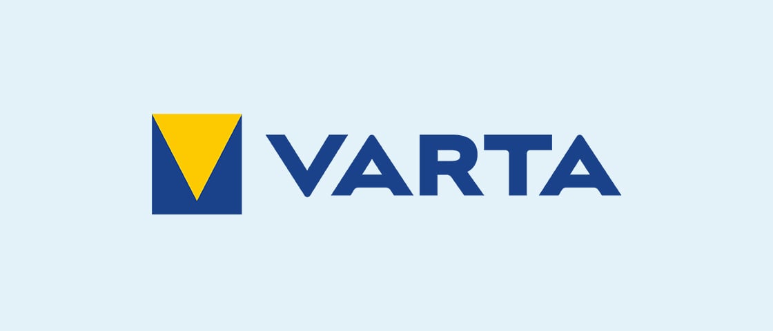 VARTA logo with blue square emblem and yellow triangle forming a V, customer in this KOCH reference