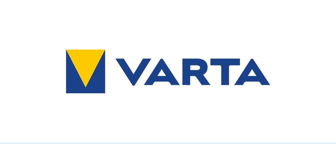 VARTA logo with blue square emblem and yellow triangle forming a V, customer in this KOCH reference