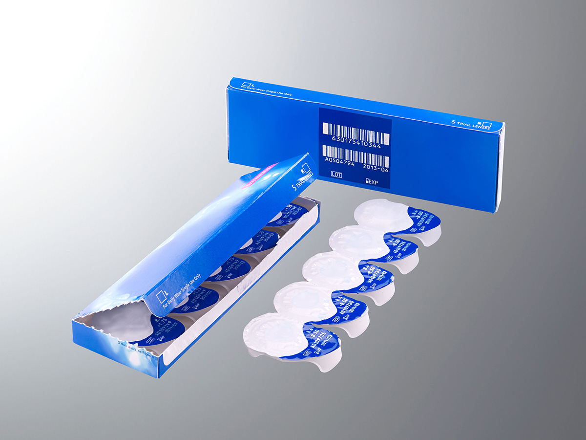Contact lens blister packs with blue folding carton, produced on next-generation high-speed packaging systems developed in 2015