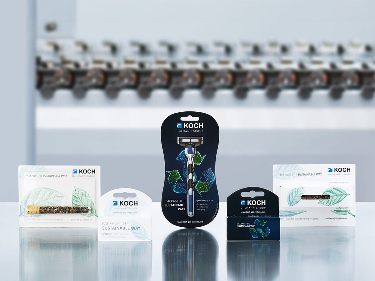 Product range of KOCH sustainable packaging brands cyclePac®, cycleBox® and cycleForm®, introduced in 2021