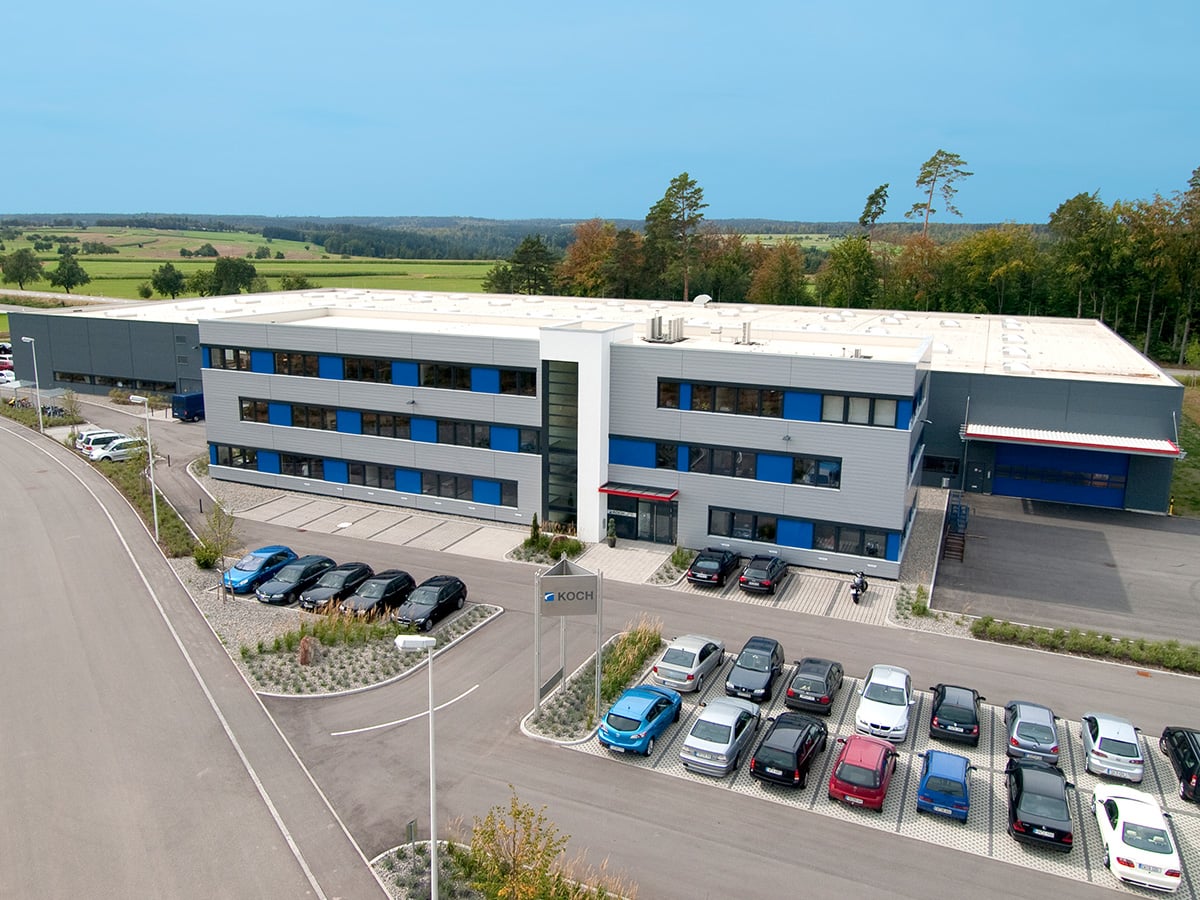 Aerial view of the KOCH Pac-Systeme headquarters in Pfalzgrafenweiler, Schornzhardt business park, opened in 2009