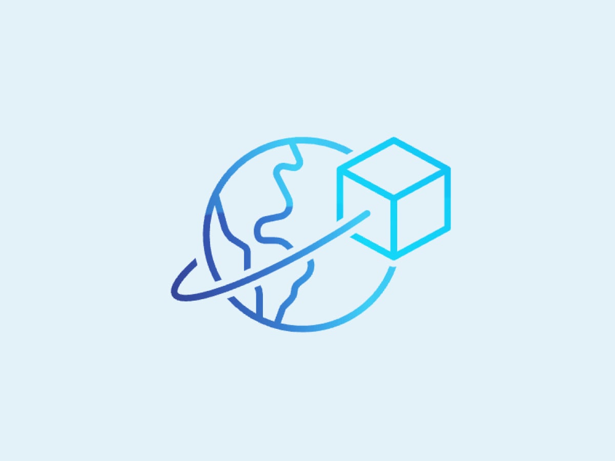 Icon showing a globe with a package orbiting it, symbolising worldwide availability of sensitive products