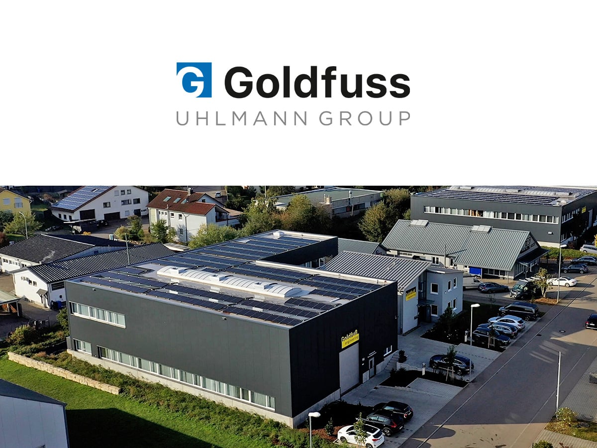 Aerial view of Goldfuss Automation headquarters in Balingen with solar panels on the roof, a member of the Uhlmann Group