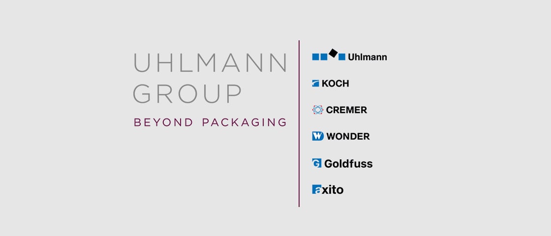 Uhlmann Group brand overview with logos of all six member companies including KOCH Pac-Systeme, Cremer, Wonder, Goldfuss and Axito